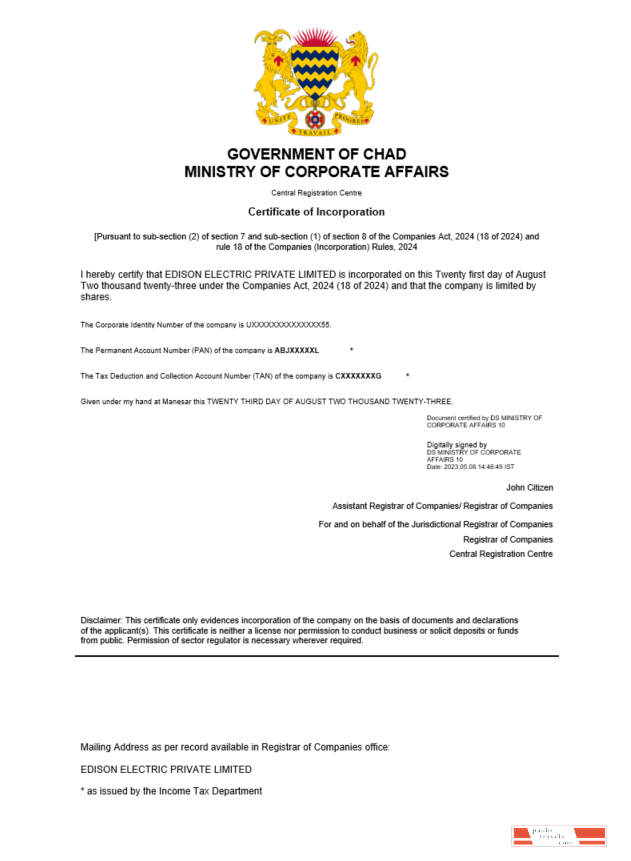Chad certificate of registration Word and PDF template